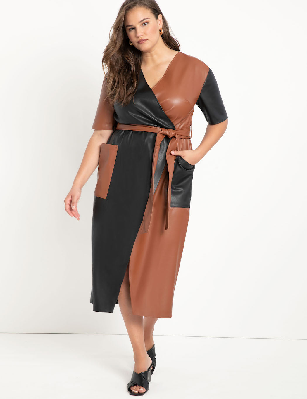Eloquii | Colorblocked Faux Leather Wrap Dress in Totally Black / Peru Tan  | ELOQUII Unlimited